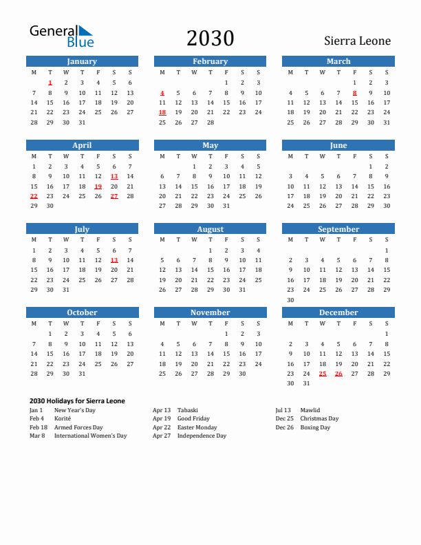 Sierra Leone 2030 Calendar with Holidays