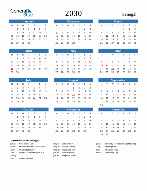 Senegal 2030 Calendar with Holidays