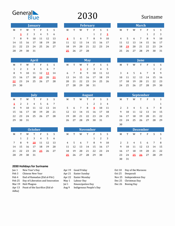 Suriname 2030 Calendar with Holidays