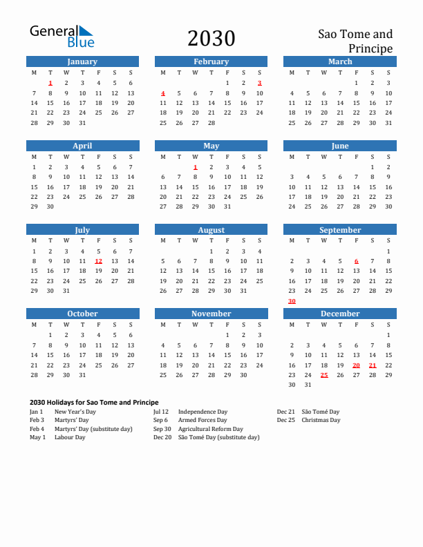 Sao Tome and Principe 2030 Calendar with Holidays