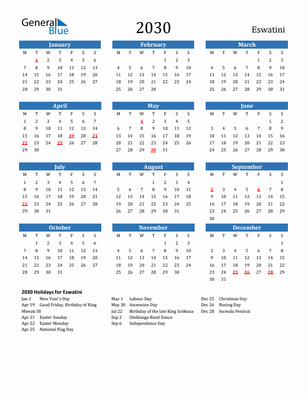 Eswatini 2030 Calendar with Holidays