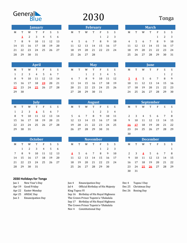 Tonga 2030 Calendar with Holidays
