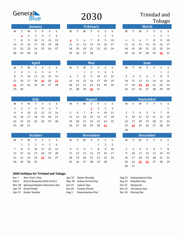 Trinidad and Tobago 2030 Calendar with Holidays