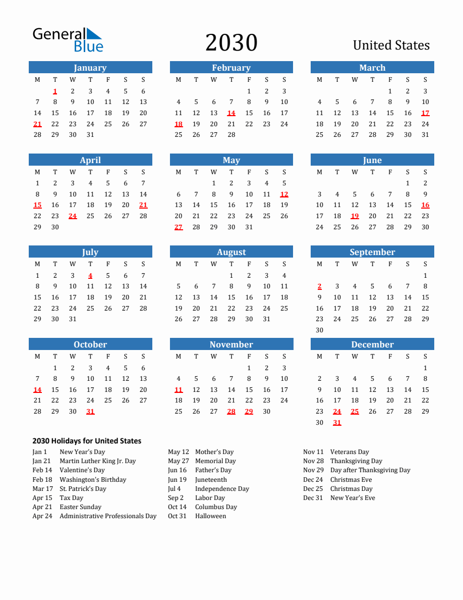 United States 2030 Calendar with Holidays - Monday Start