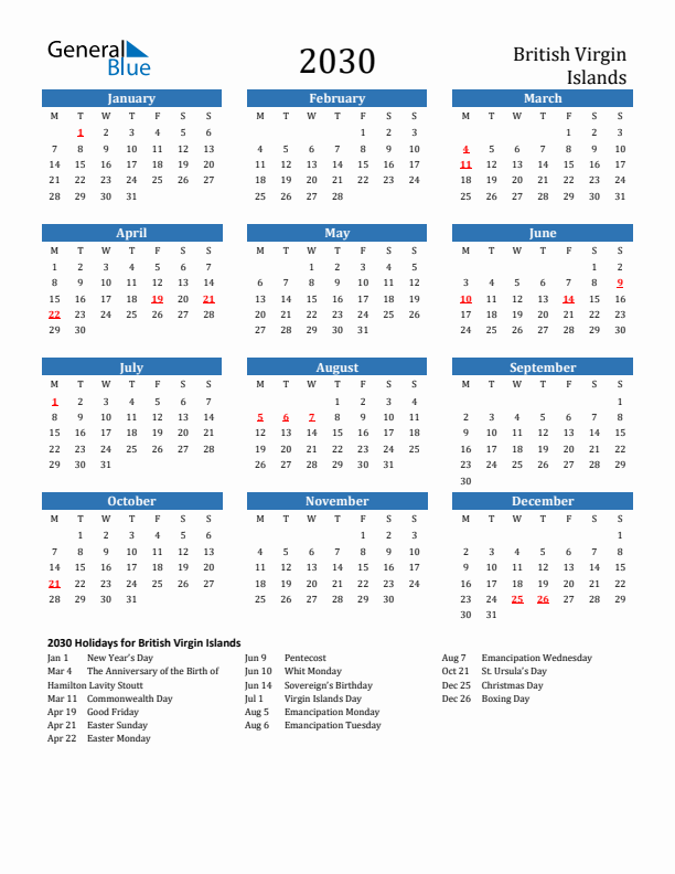 British Virgin Islands 2030 Calendar with Holidays