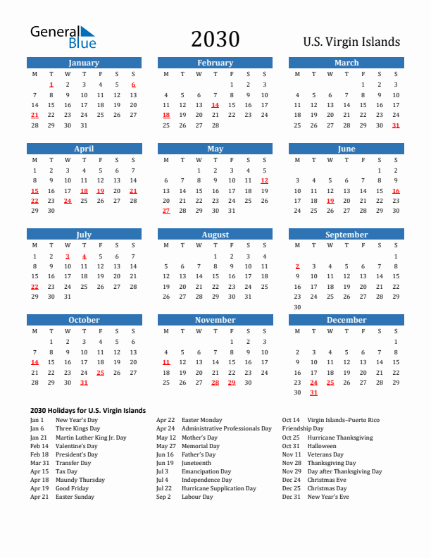 U.S. Virgin Islands 2030 Calendar with Holidays