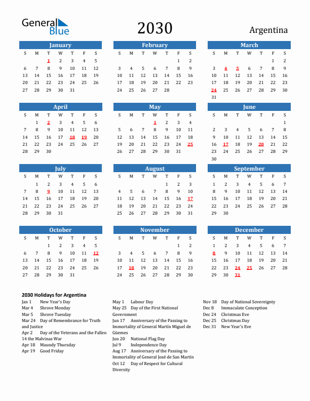 Argentina 2030 Calendar with Holidays