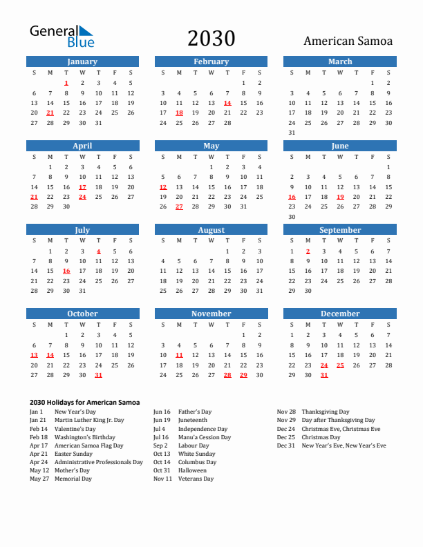 American Samoa 2030 Calendar with Holidays