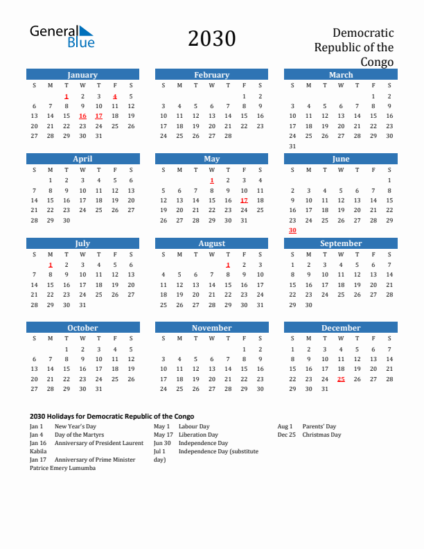 Democratic Republic of the Congo 2030 Calendar with Holidays