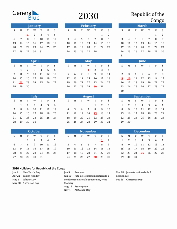Republic of the Congo 2030 Calendar with Holidays