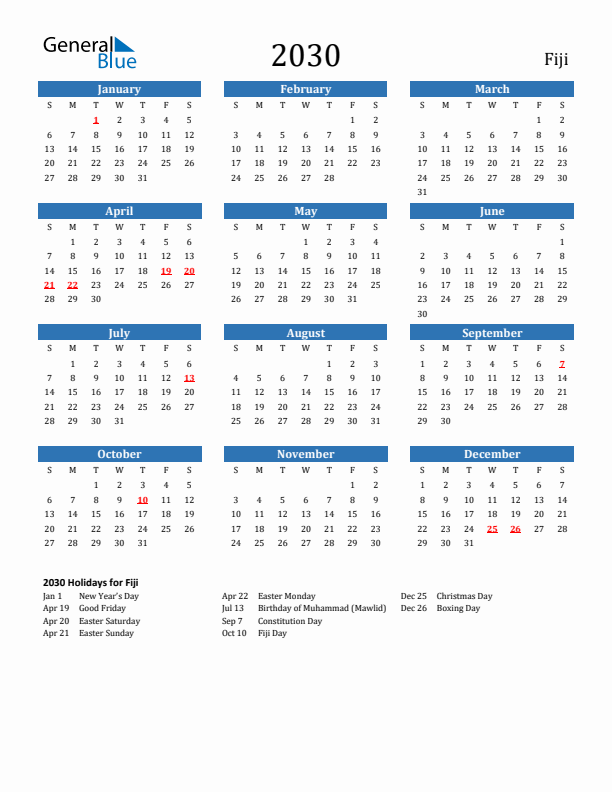 Fiji 2030 Calendar with Holidays