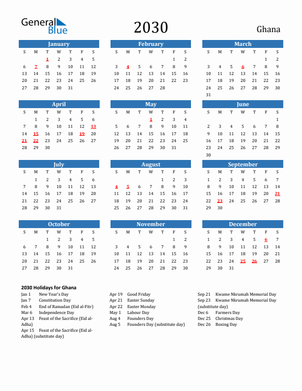 Ghana 2030 Calendar with Holidays
