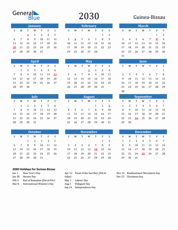 Guinea-Bissau 2030 Calendar with Holidays
