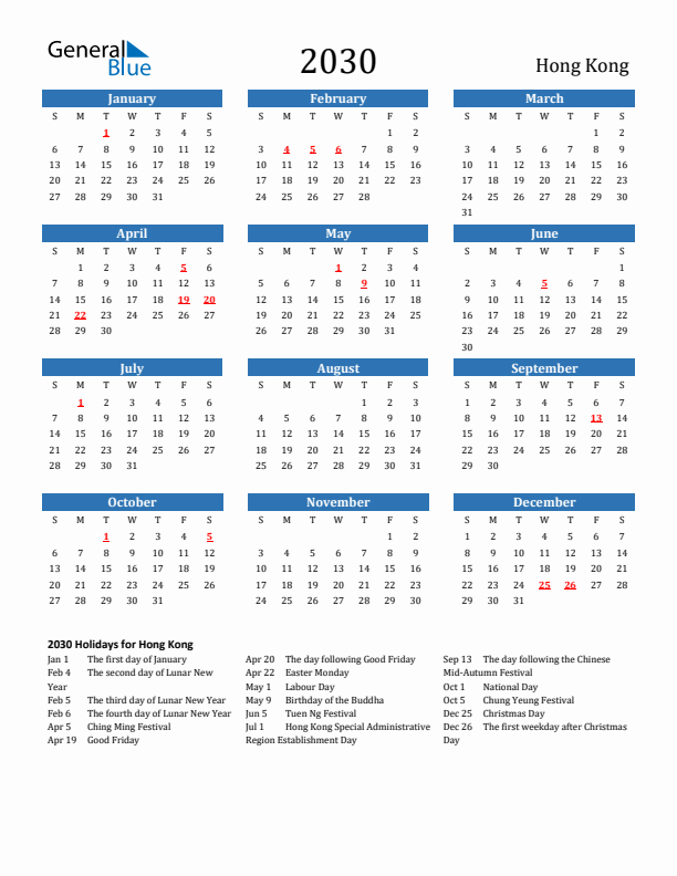 Hong Kong 2030 Calendar with Holidays