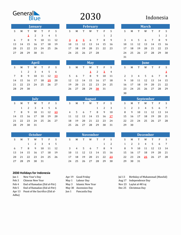 Indonesia 2030 Calendar with Holidays