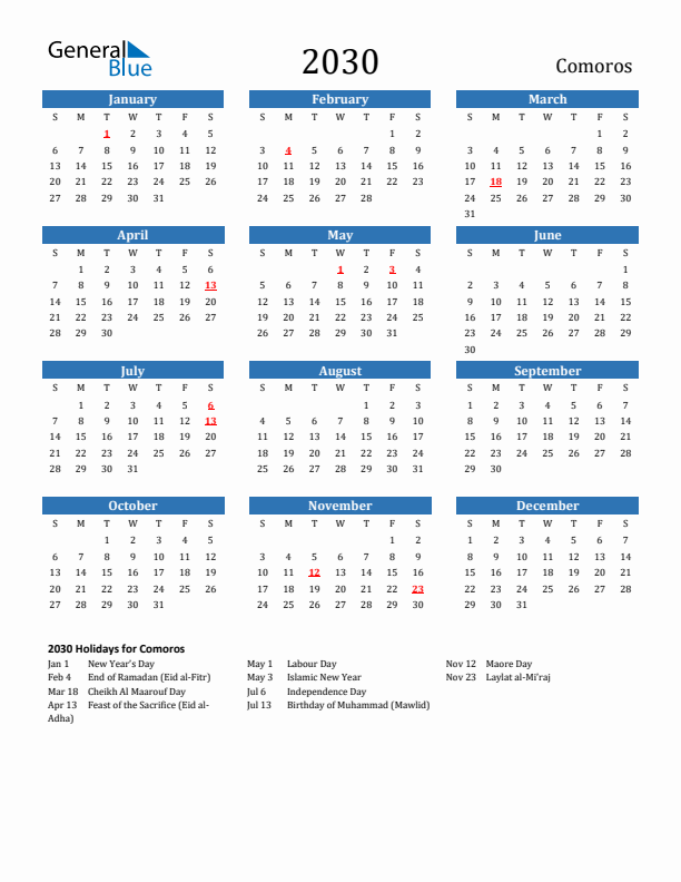 Comoros 2030 Calendar with Holidays