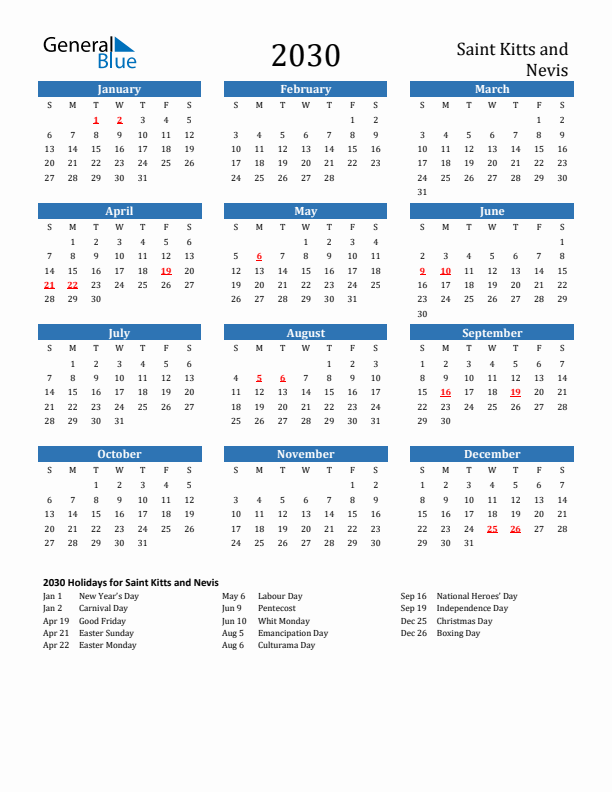 Saint Kitts and Nevis 2030 Calendar with Holidays