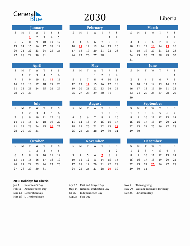 Liberia 2030 Calendar with Holidays