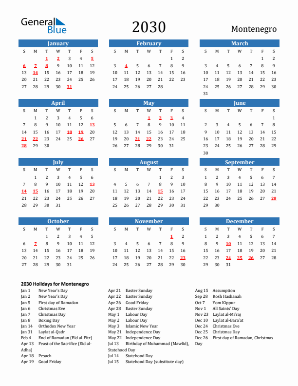 Montenegro 2030 Calendar with Holidays