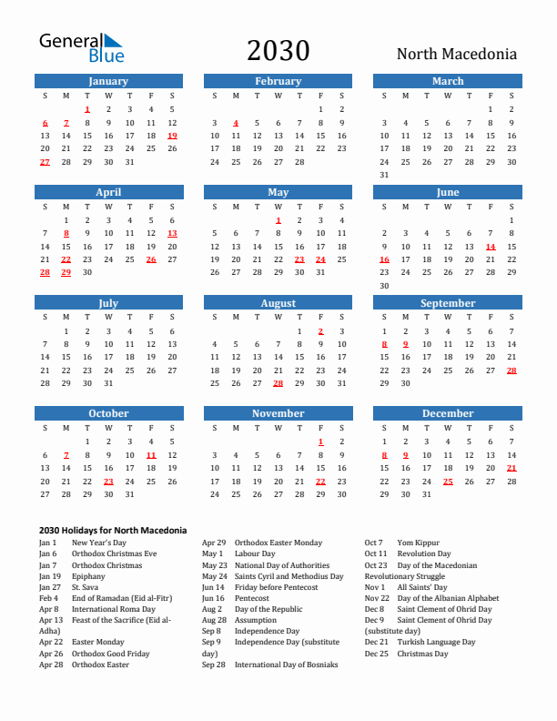 North Macedonia 2030 Calendar with Holidays