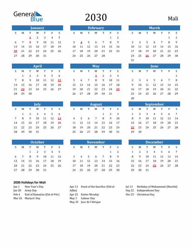 Mali 2030 Calendar with Holidays