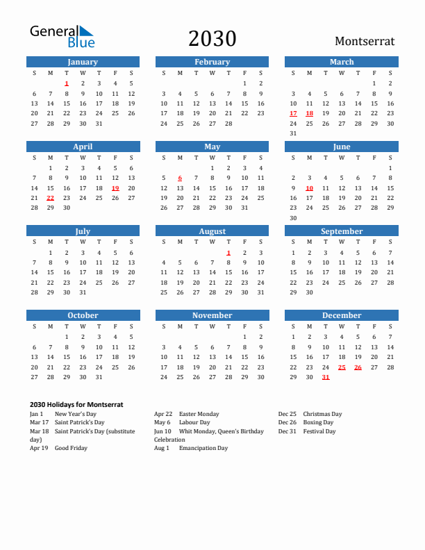 Montserrat 2030 Calendar with Holidays
