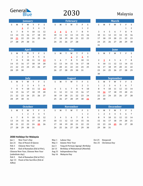 Malaysia 2030 Calendar with Holidays