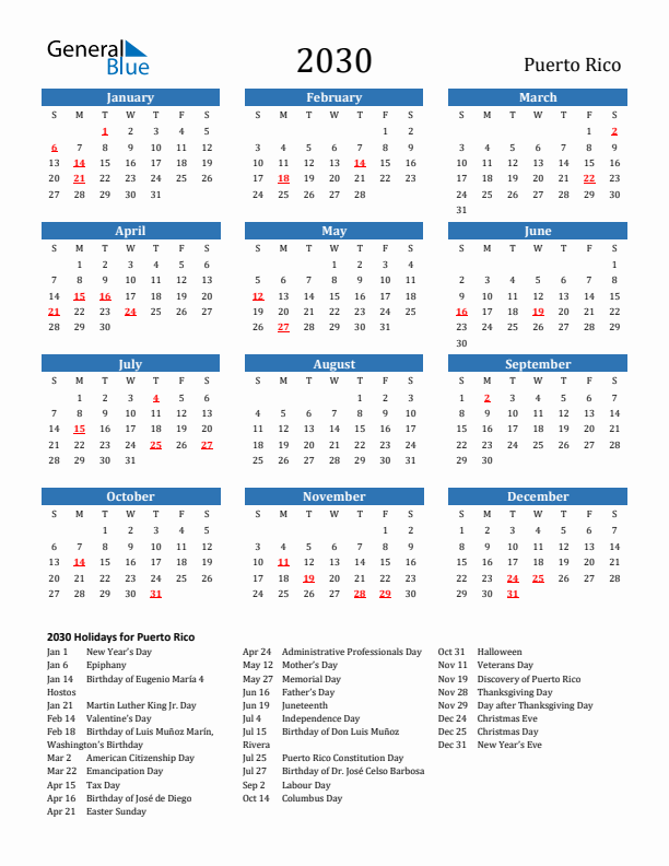 Puerto Rico 2030 Calendar with Holidays
