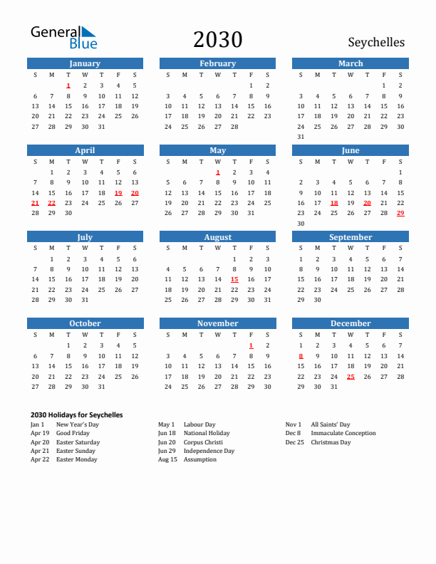 Seychelles 2030 Calendar with Holidays