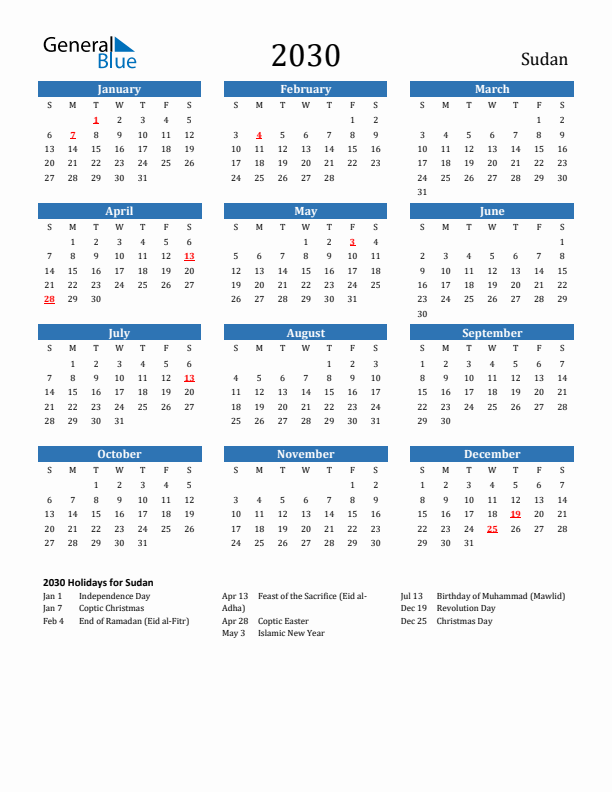 Sudan 2030 Calendar with Holidays