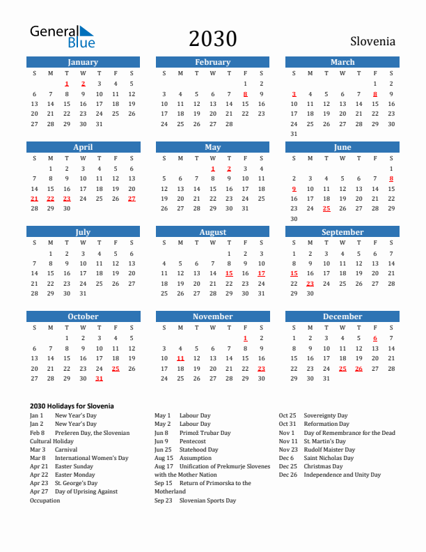 Slovenia 2030 Calendar with Holidays