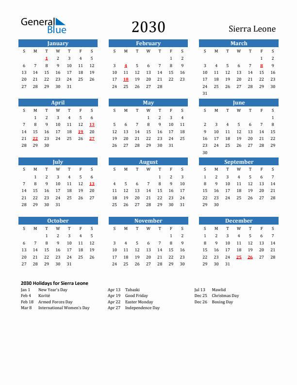 Sierra Leone 2030 Calendar with Holidays