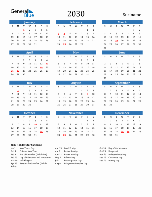 Suriname 2030 Calendar with Holidays