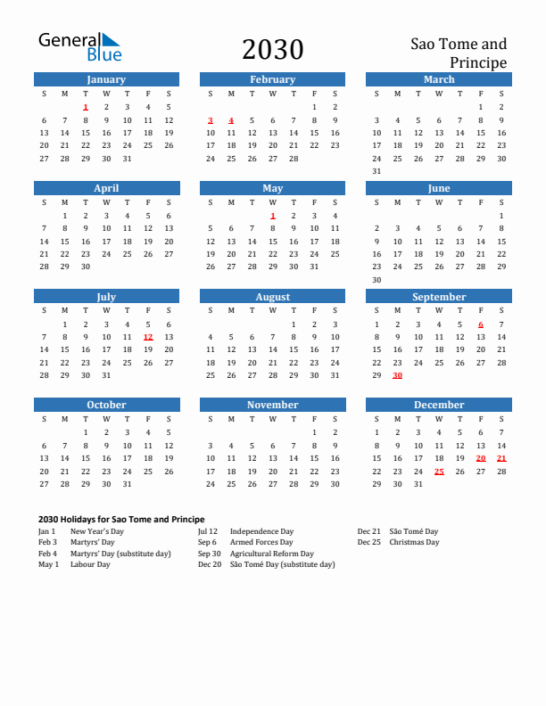 Sao Tome and Principe 2030 Calendar with Holidays
