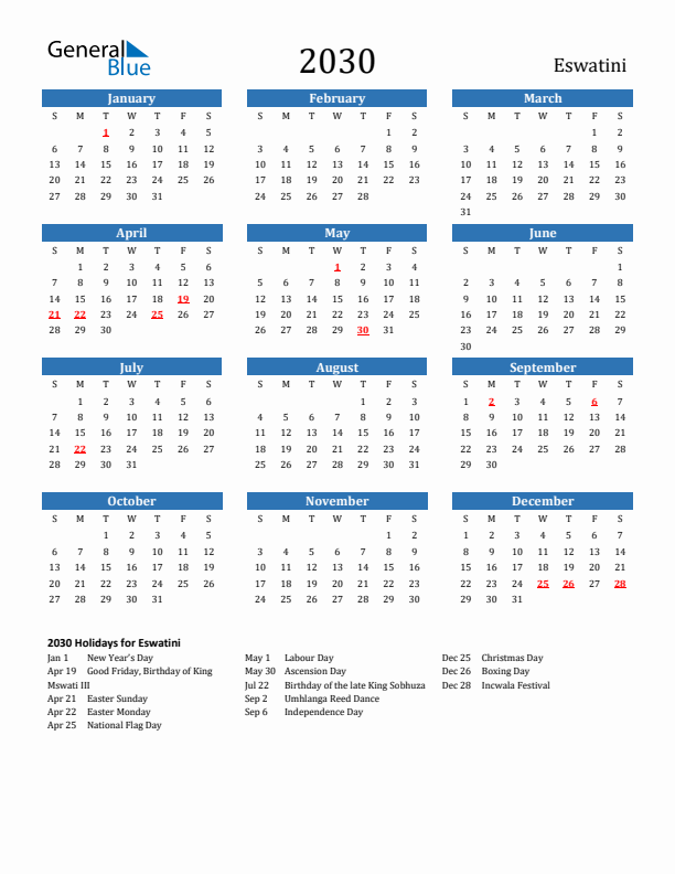 Eswatini 2030 Calendar with Holidays