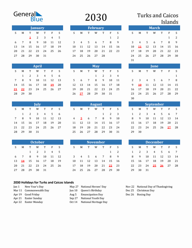 Turks and Caicos Islands 2030 Calendar with Holidays