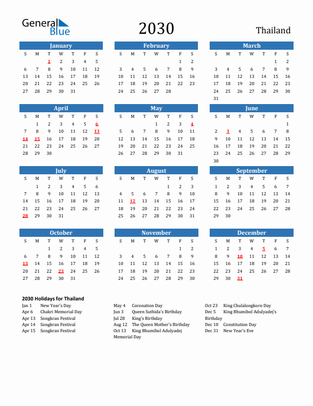 Thailand 2030 Calendar with Holidays