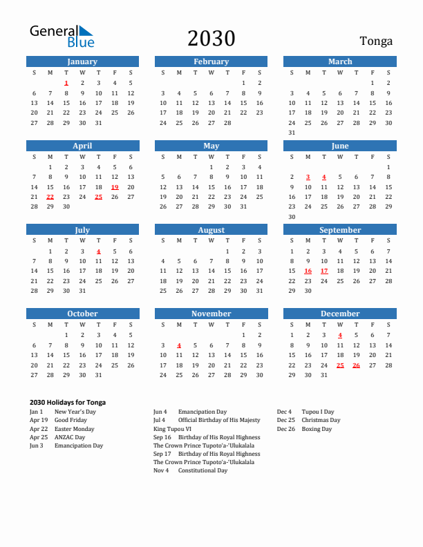 Tonga 2030 Calendar with Holidays