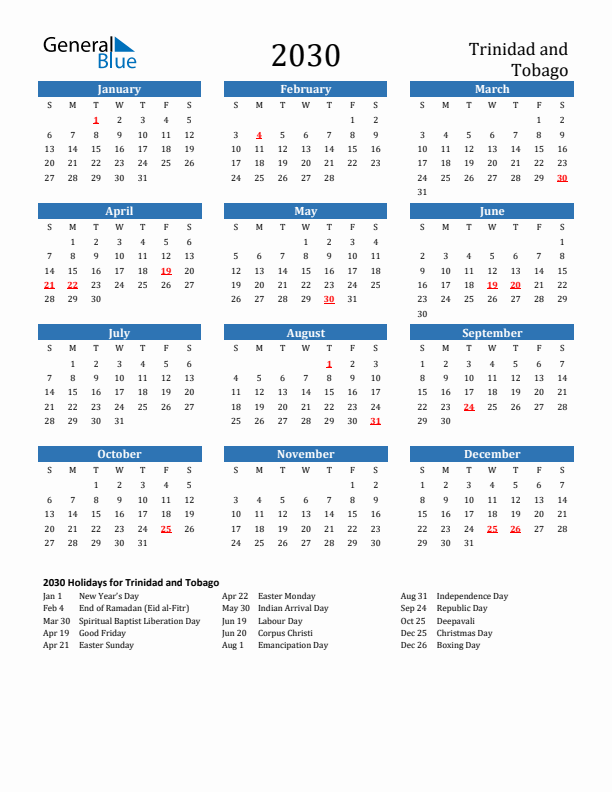 Trinidad and Tobago 2030 Calendar with Holidays