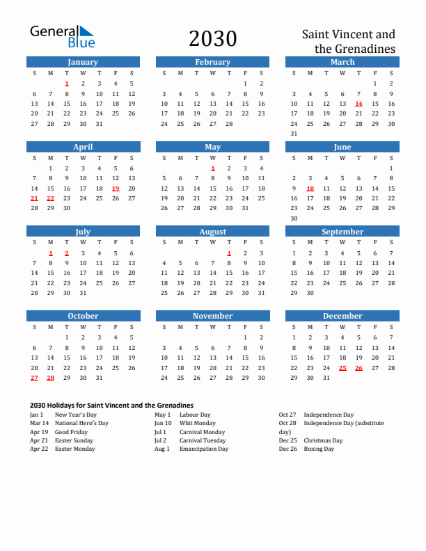Saint Vincent and the Grenadines 2030 Calendar with Holidays