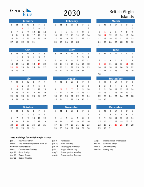 British Virgin Islands 2030 Calendar with Holidays