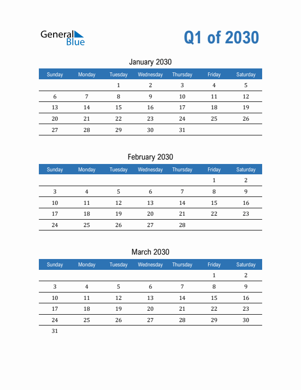 Fillable Quarterly Calendar for Q1 2030