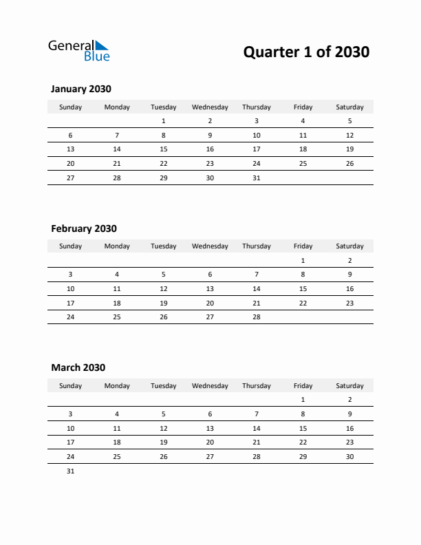 2030 Three-Month Calendar (Quarter 1)
