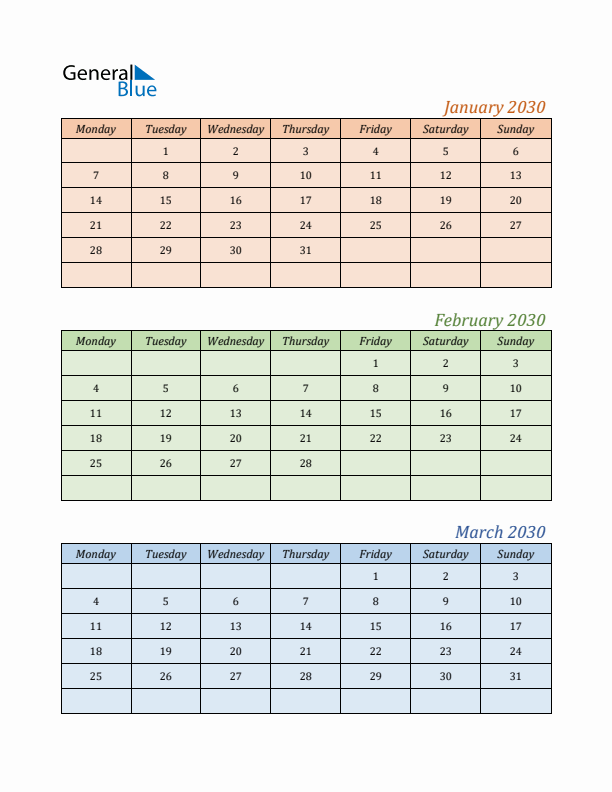 Three-Month Calendar for Year 2030 (January, February, and March)