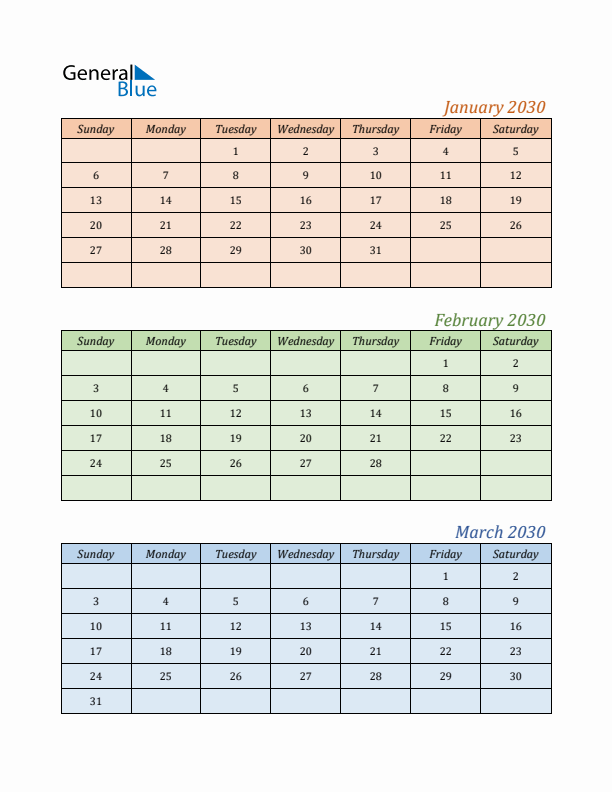 Three-Month Calendar for Year 2030 (January, February, and March)