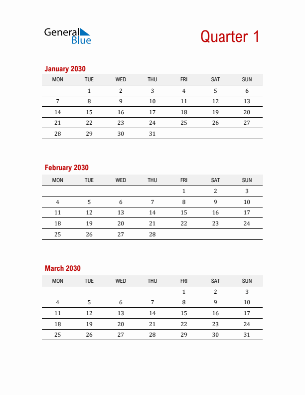 Three-Month Printable Calendar 2030