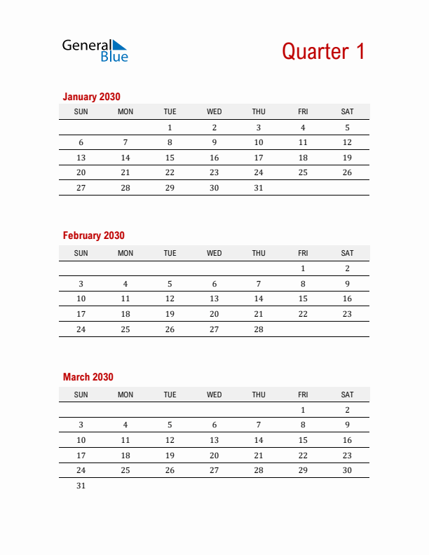 Three-Month Printable Calendar 2030