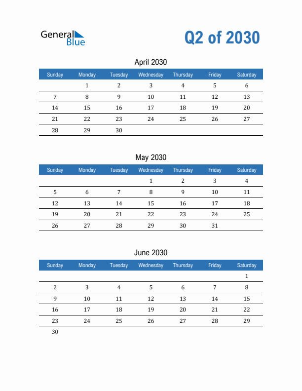 Fillable Quarterly Calendar for Q2 2030