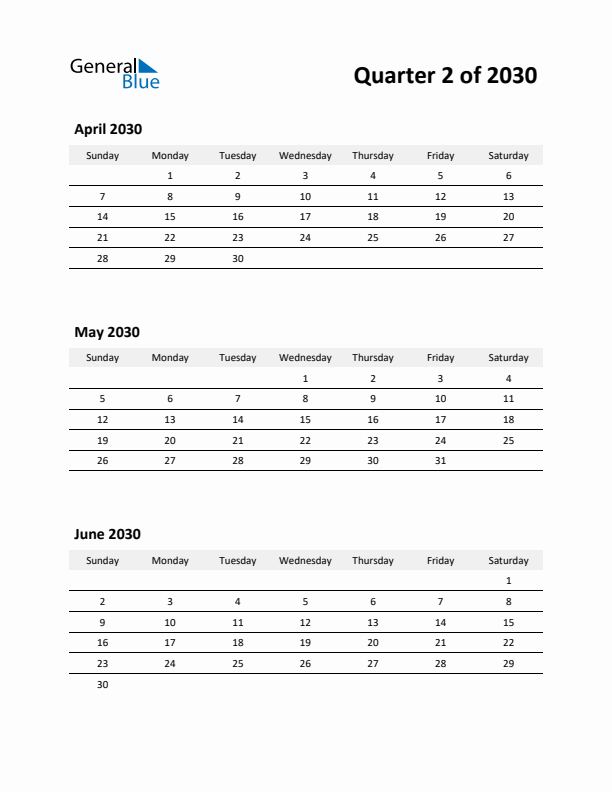 2030 Three-Month Calendar (Quarter 2)