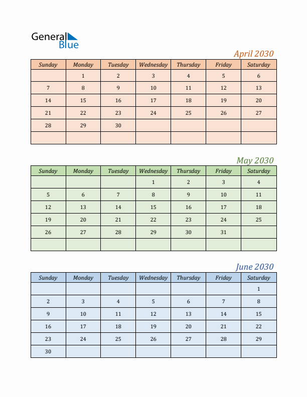 Three-Month Calendar for Year 2030 (April, May, and June)